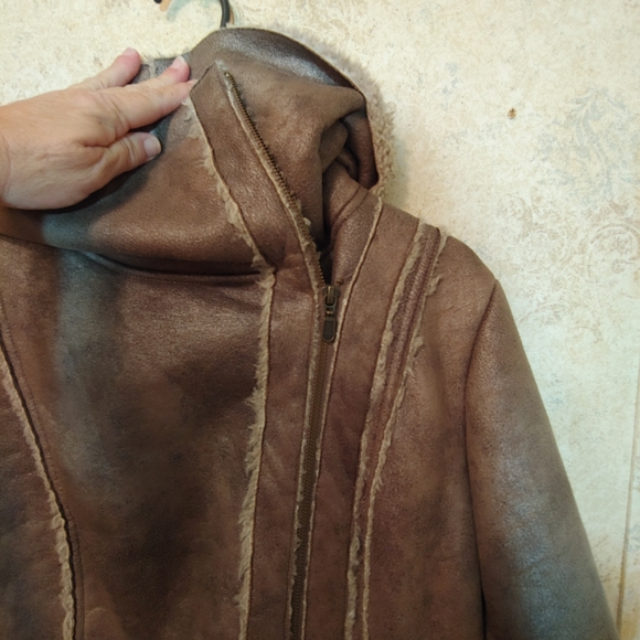 Tribal Grey Wide Faux Fur Collar Zip Up Coat Sz 6 - Picture 7 of 9